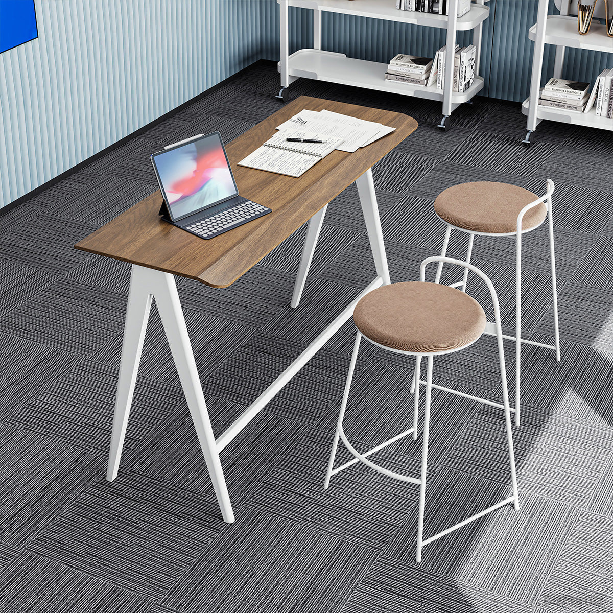 Wooden Bar Height Standing Desk with Stools, Front-Three-Quarter View