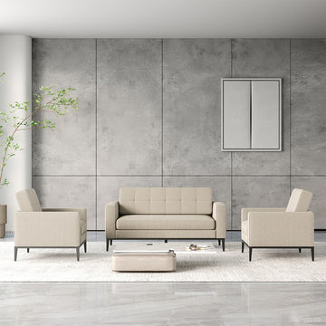 Modern Beige Fabric Sofa Set with Two Armchairs, Front View