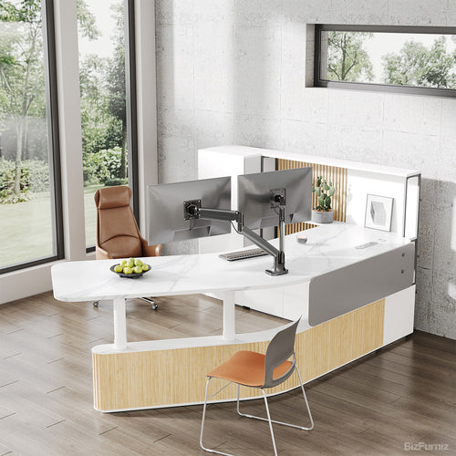 Modern Office Desk with Dual Monitors, Front View