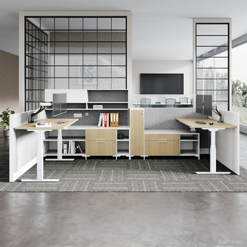 Dual Sit-Stand Office Desk Workstation, No Chairs, Front View