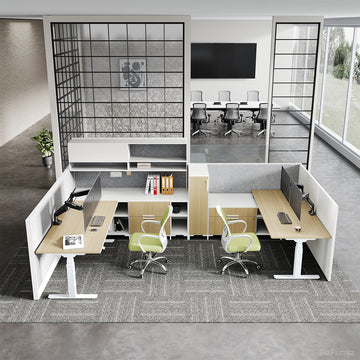 Open Office Cubicle Workstation with 2 Desks, Top-Overhead View