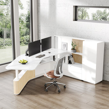 White and Wood Office Desk with Bookshelf