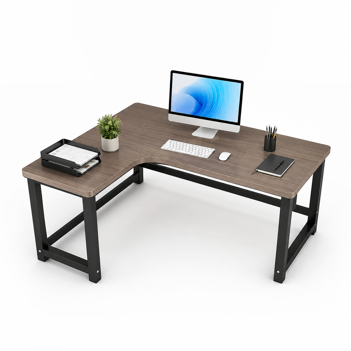 L-Shaped Office Desk with Black Steel Frame