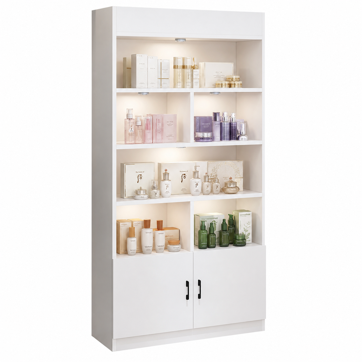 Modern White LED Display Cabinet with Open Storage