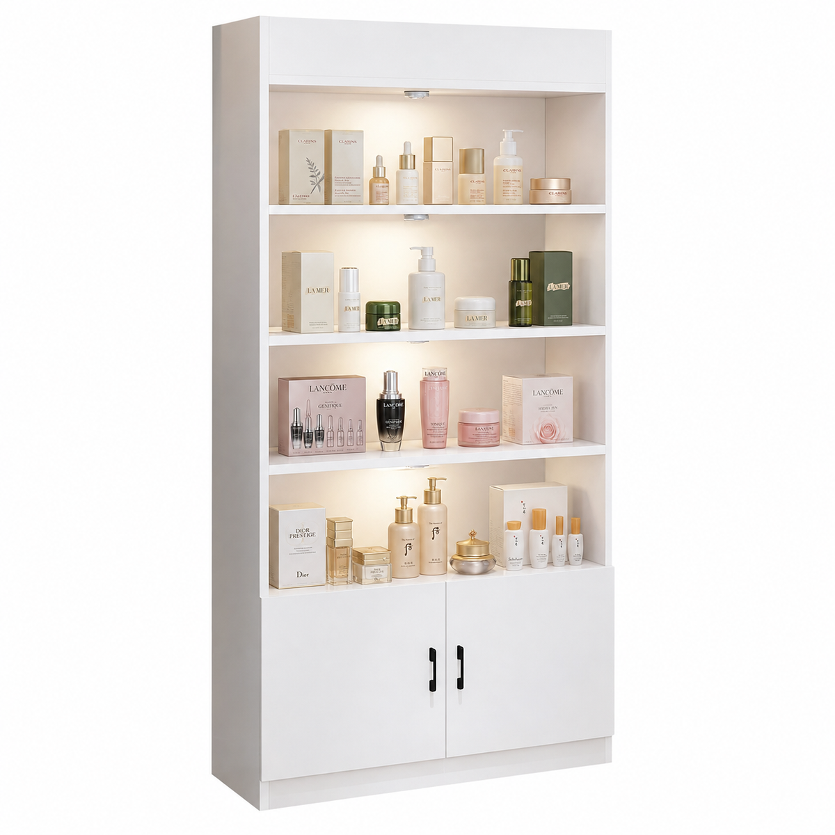 Modern White LED Display Cabinet with Open Storage