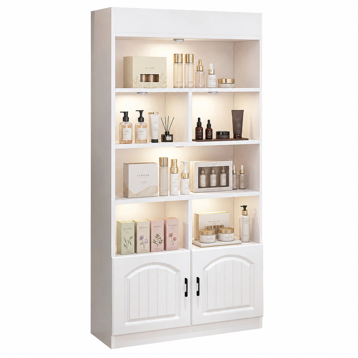 Modern White LED Display Cabinet with Open Storage