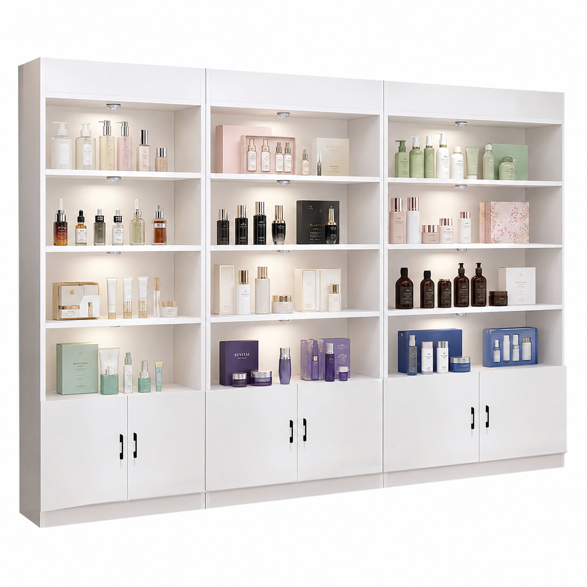 Modern White LED Display Cabinet with Open Storage