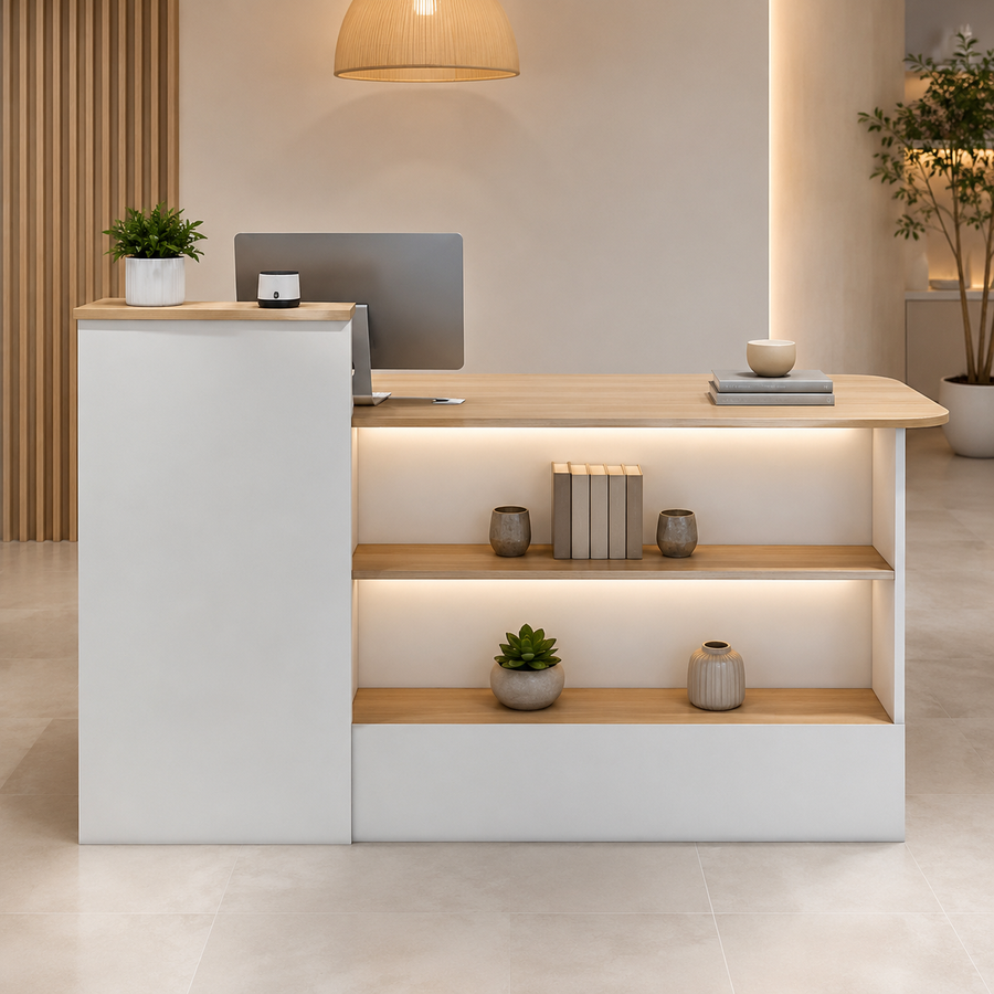 Checkout Counter with Dual-Level Worktop and Display Shelves