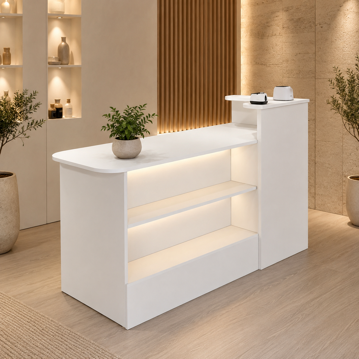 Checkout Counter with Dual-Level Worktop and Display Shelves