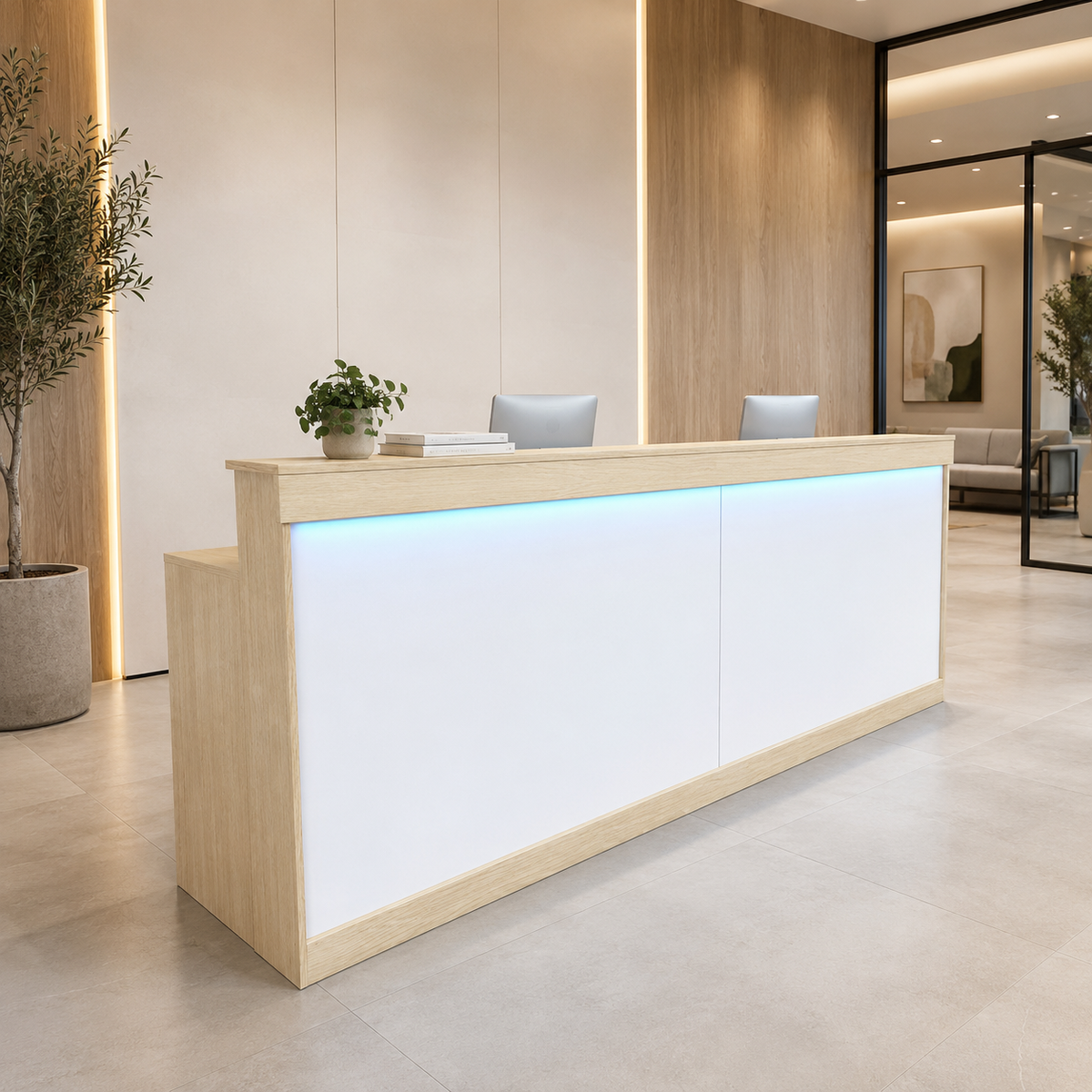 LED Reception Desk with Storage Cabinet and Keyboard Tray