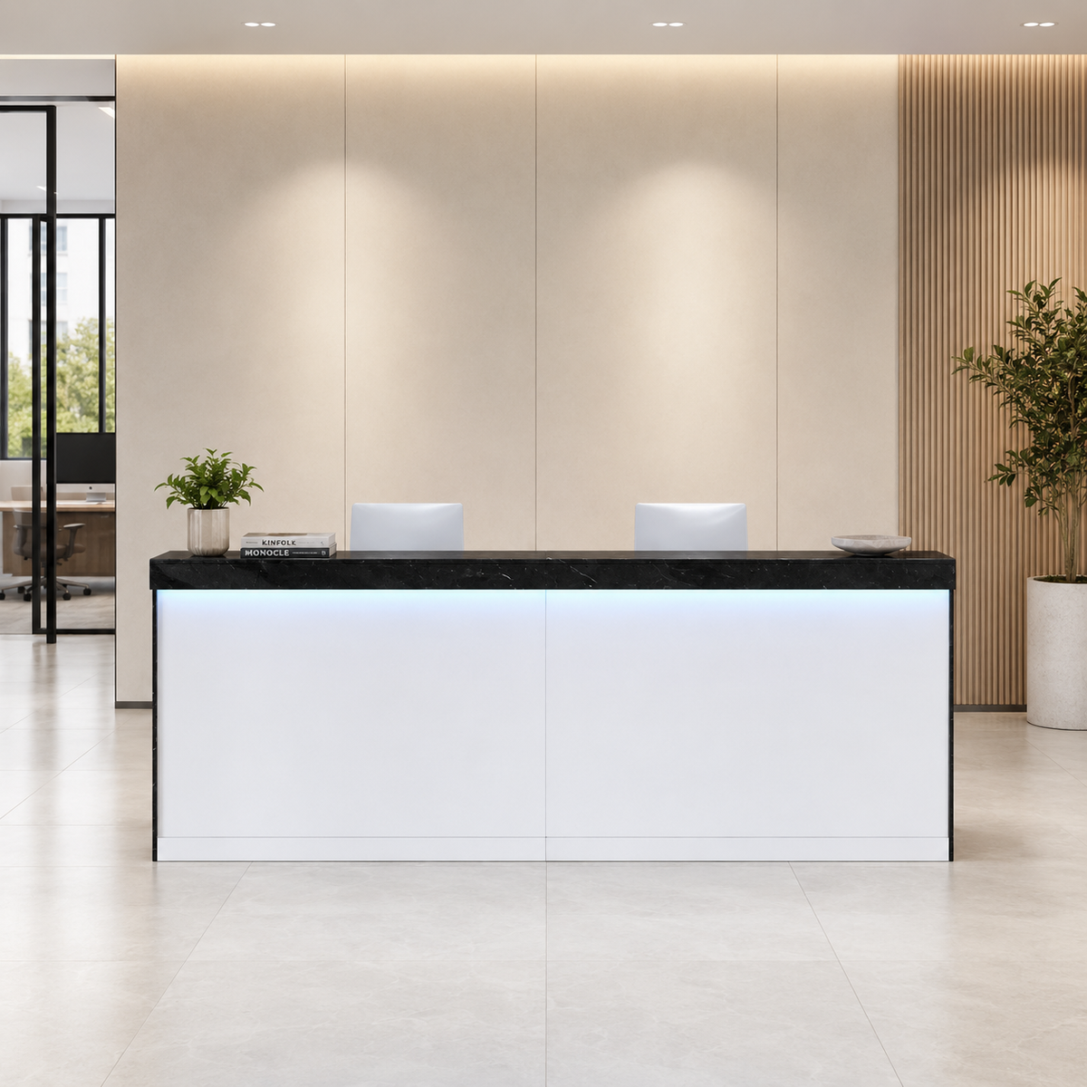 LED Reception Desk with Storage Cabinet and Keyboard Tray