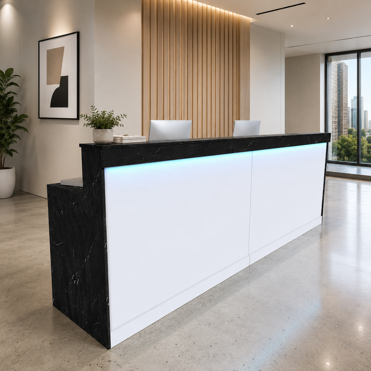 LED Reception Desk with Storage Cabinet and Keyboard Tray