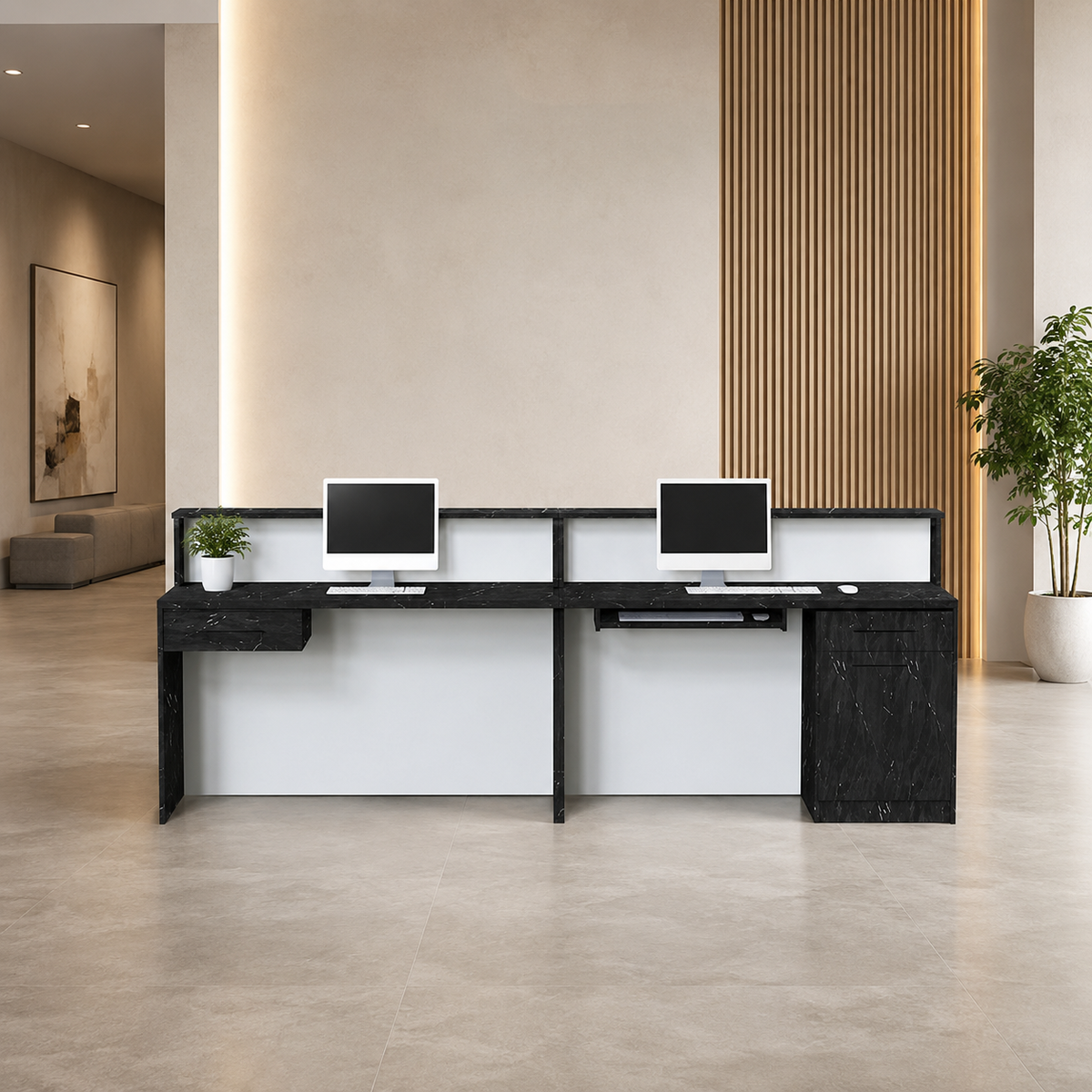 LED Reception Desk with Storage Cabinet and Keyboard Tray