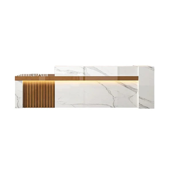 Straight Reception Counter with Marble-Look Finish and Fluted Panel