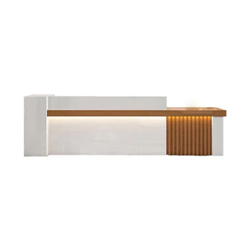 Straight Reception Counter with Marble-Look Finish and Fluted Panel