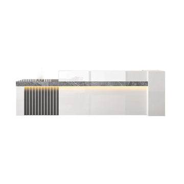 Straight Reception Counter with Marble-Look Finish and Fluted Panel