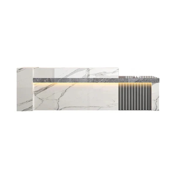 Straight Reception Counter with Marble-Look Finish and Fluted Panel