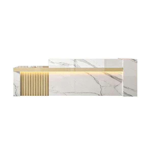 Straight Reception Counter with Marble-Look Finish and Fluted Panel
