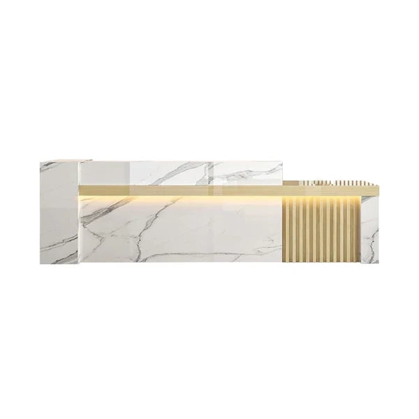 Straight Reception Counter with Marble-Look Finish and Fluted Panel