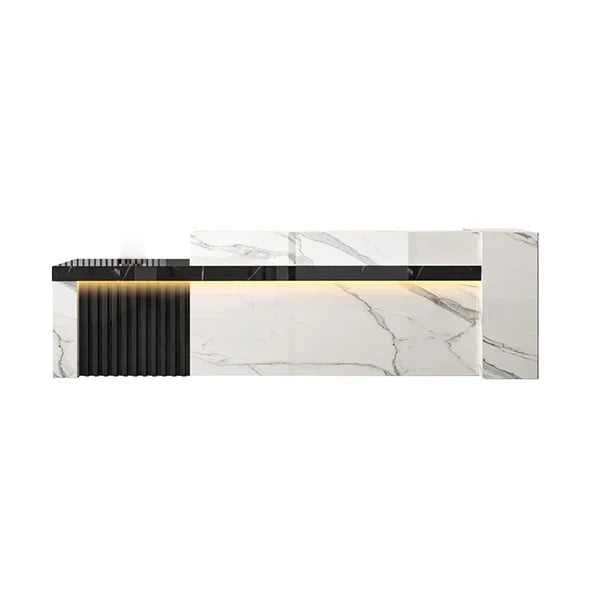 Straight Reception Counter with Marble-Look Finish and Fluted Panel