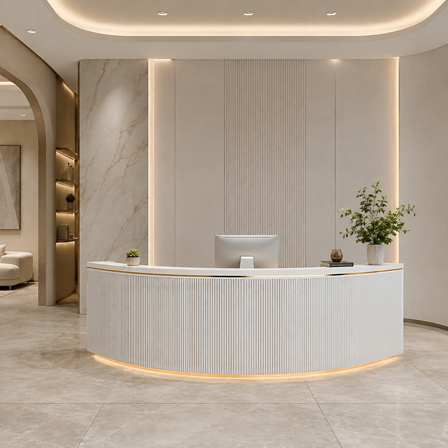 Curved Reception Counter with Fluted Front and LED Lighting