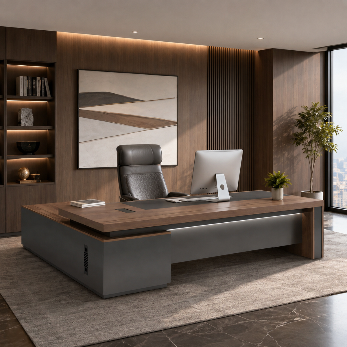 L-Shaped Executive Desk with LED Lighting and Side Cabinet
