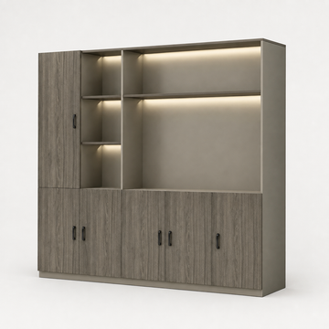 L-Shaped Executive Desk with LED Lighting and Side Cabinet