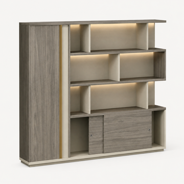 L-Shaped Executive Desk with LED Lighting and Side Cabinet