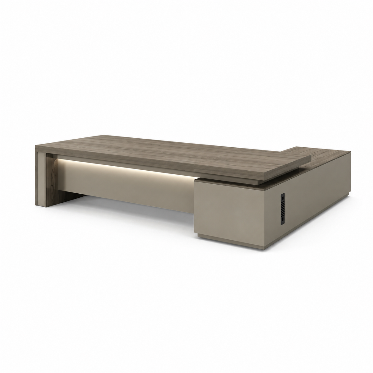 L-Shaped Executive Desk with LED Lighting and Side Cabinet