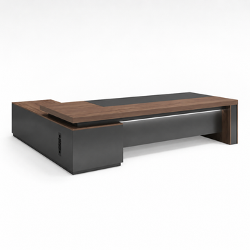 L-Shaped Executive Desk with LED Lighting and Side Cabinet