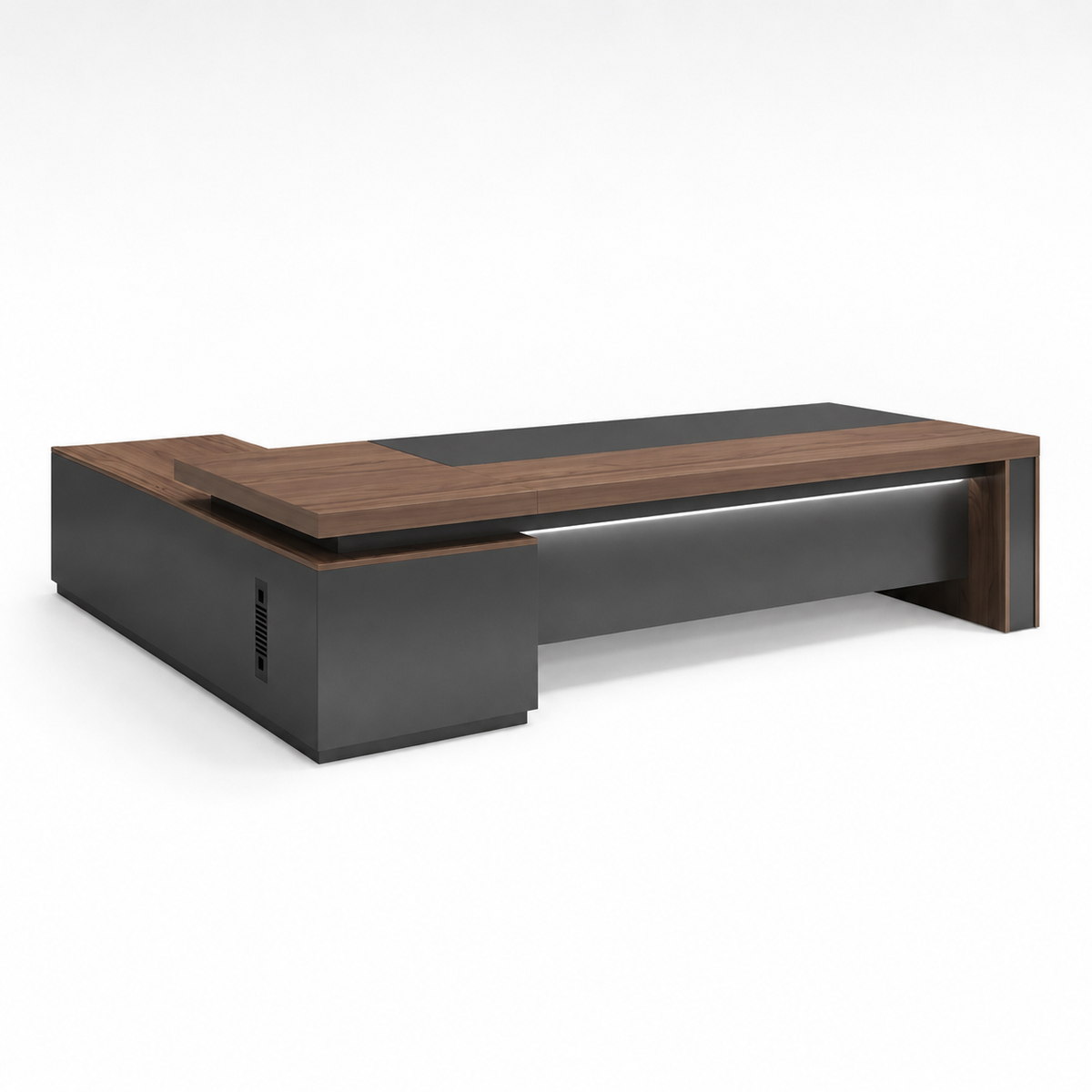 L-Shaped Executive Desk with LED Lighting and Side Cabinet