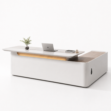 L-Shaped Executive Desk with Ambient Lighting and Side Cabinet
