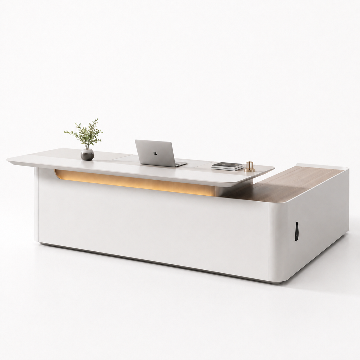 L-Shaped Executive Desk with Ambient Lighting and Side Cabinet