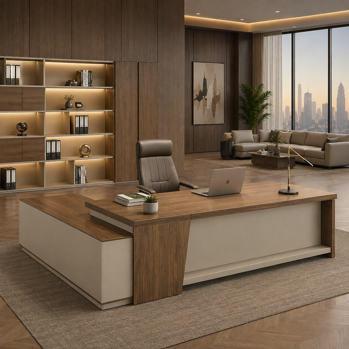 L-Shaped Executive Desk with Lockable Side Cabinet