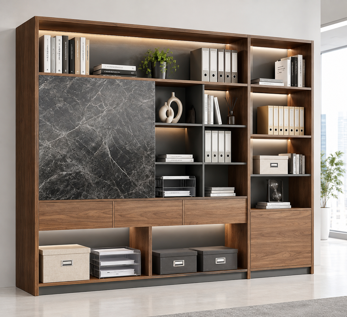L-Shaped Executive Desk with Thick Desktop and Reversible Return