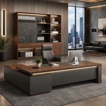 L-Shaped Executive Desk with Thick Desktop and Reversible Return