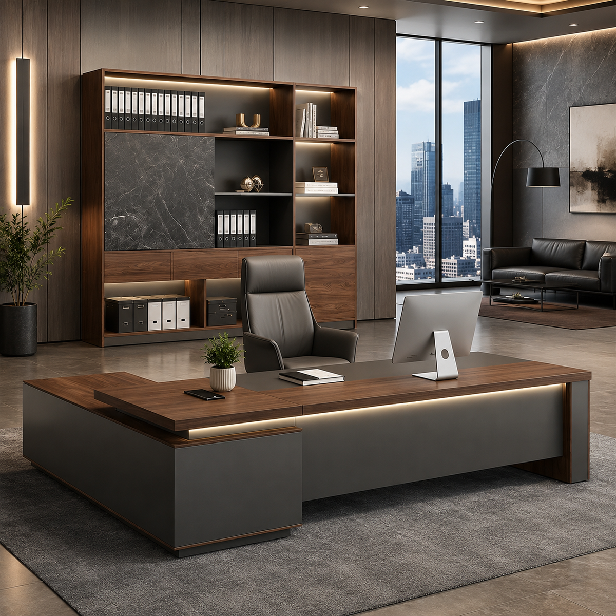 L-Shaped Executive Desk with Thick Desktop and Reversible Return