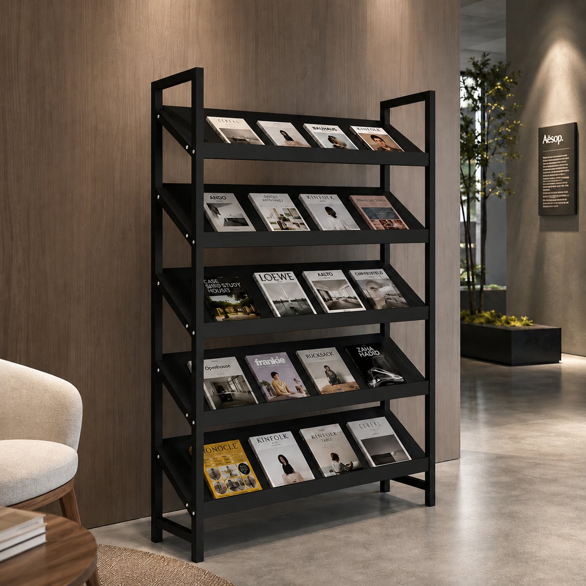 Freestanding Magazine Display Rack with Tiered Shelves