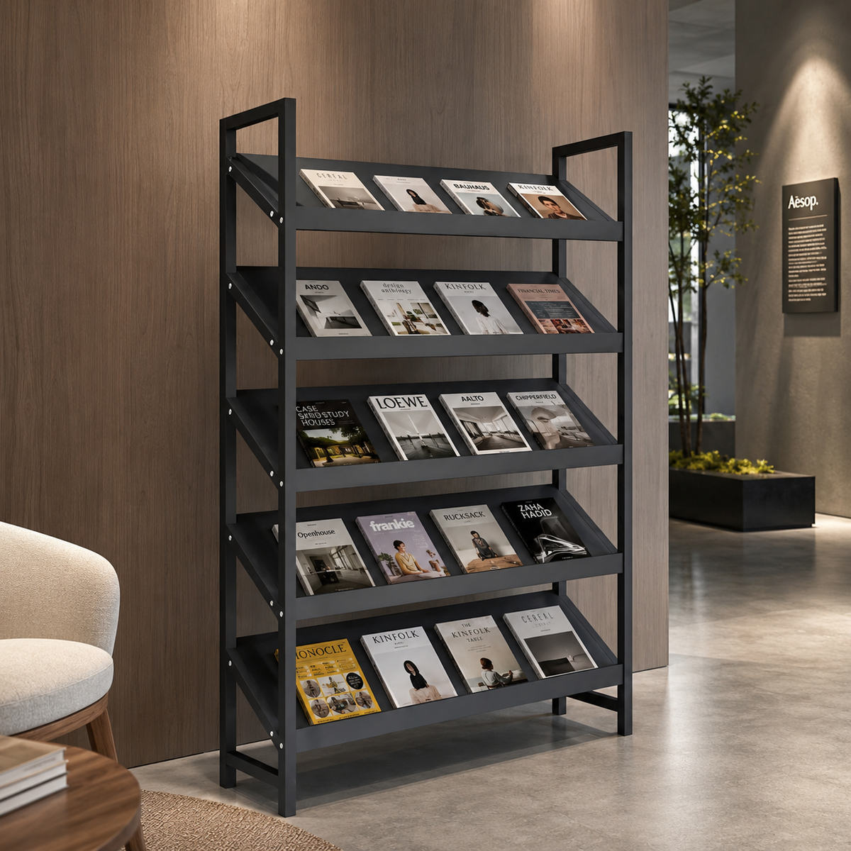 Freestanding Magazine Display Rack with Tiered Shelves