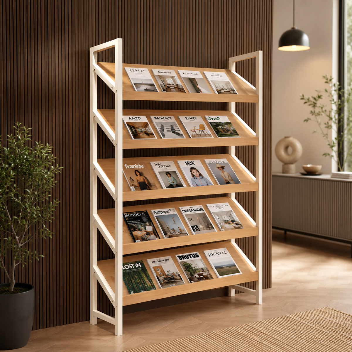 Freestanding Magazine Display Rack with Tiered Shelves