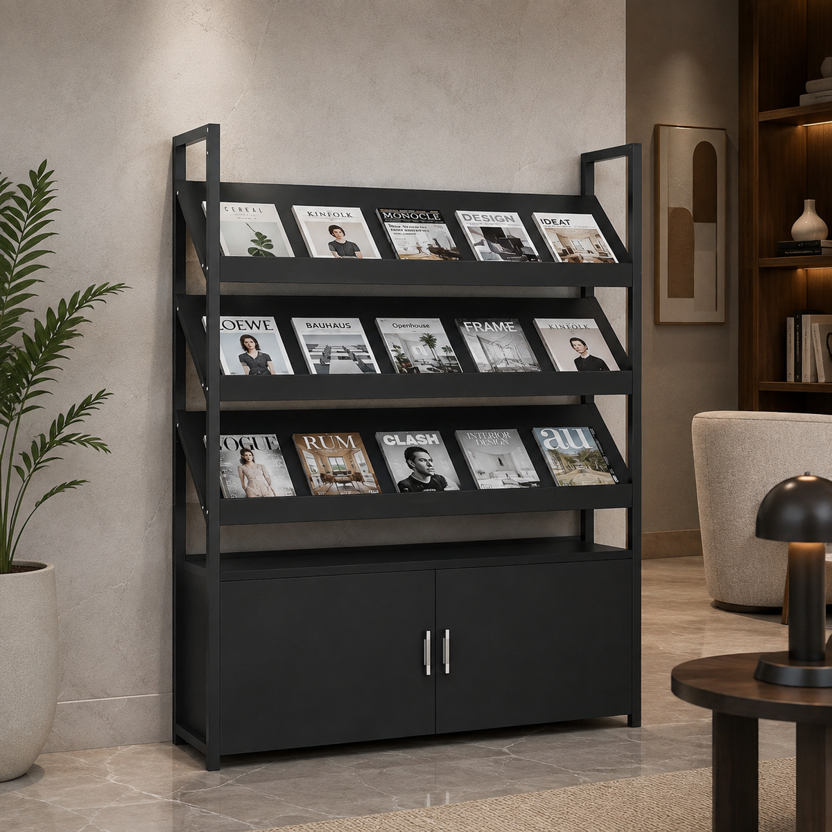 Freestanding Magazine Display Rack with Tiered Shelves