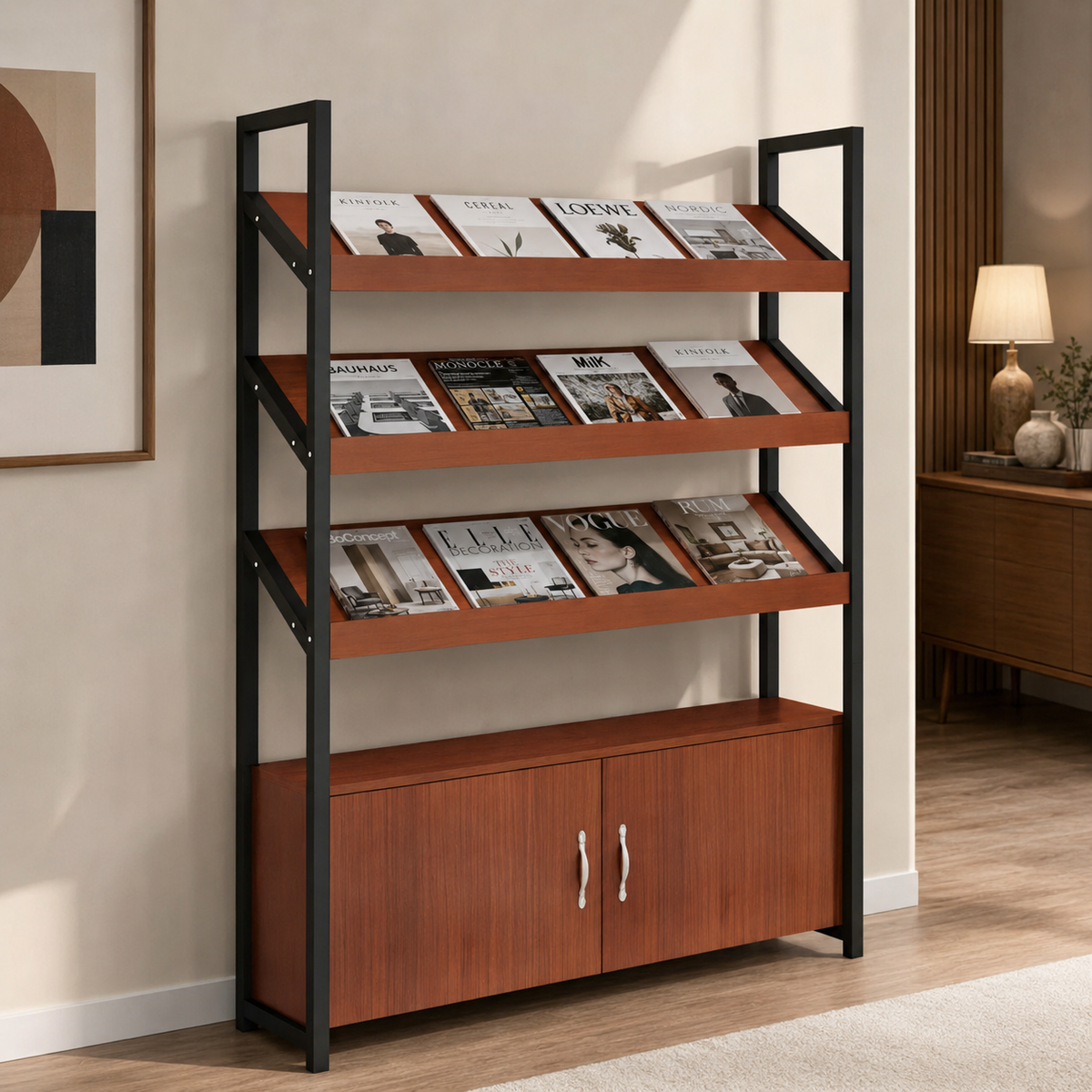 Freestanding Magazine Display Rack with Tiered Shelves