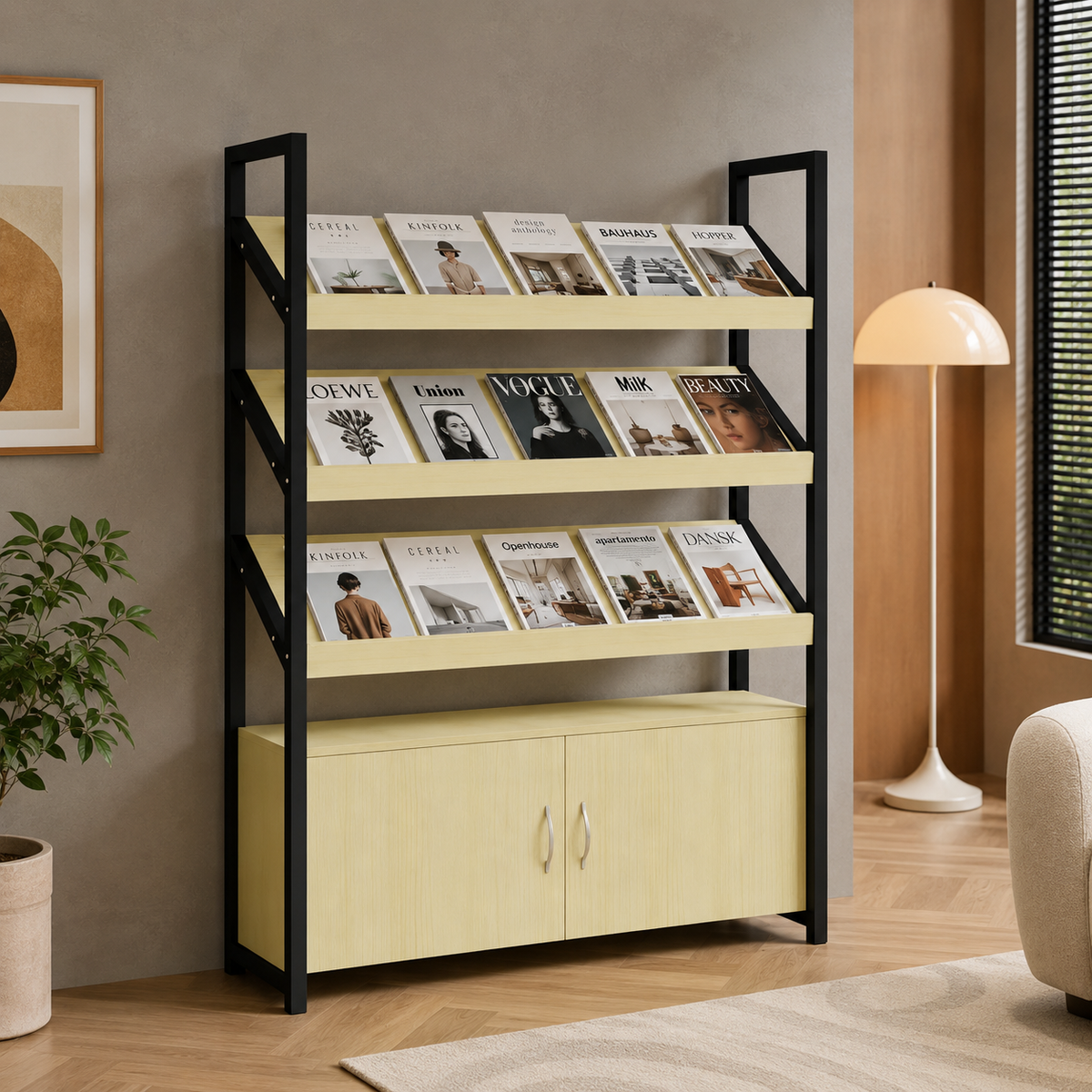 Freestanding Magazine Display Rack with Tiered Shelves