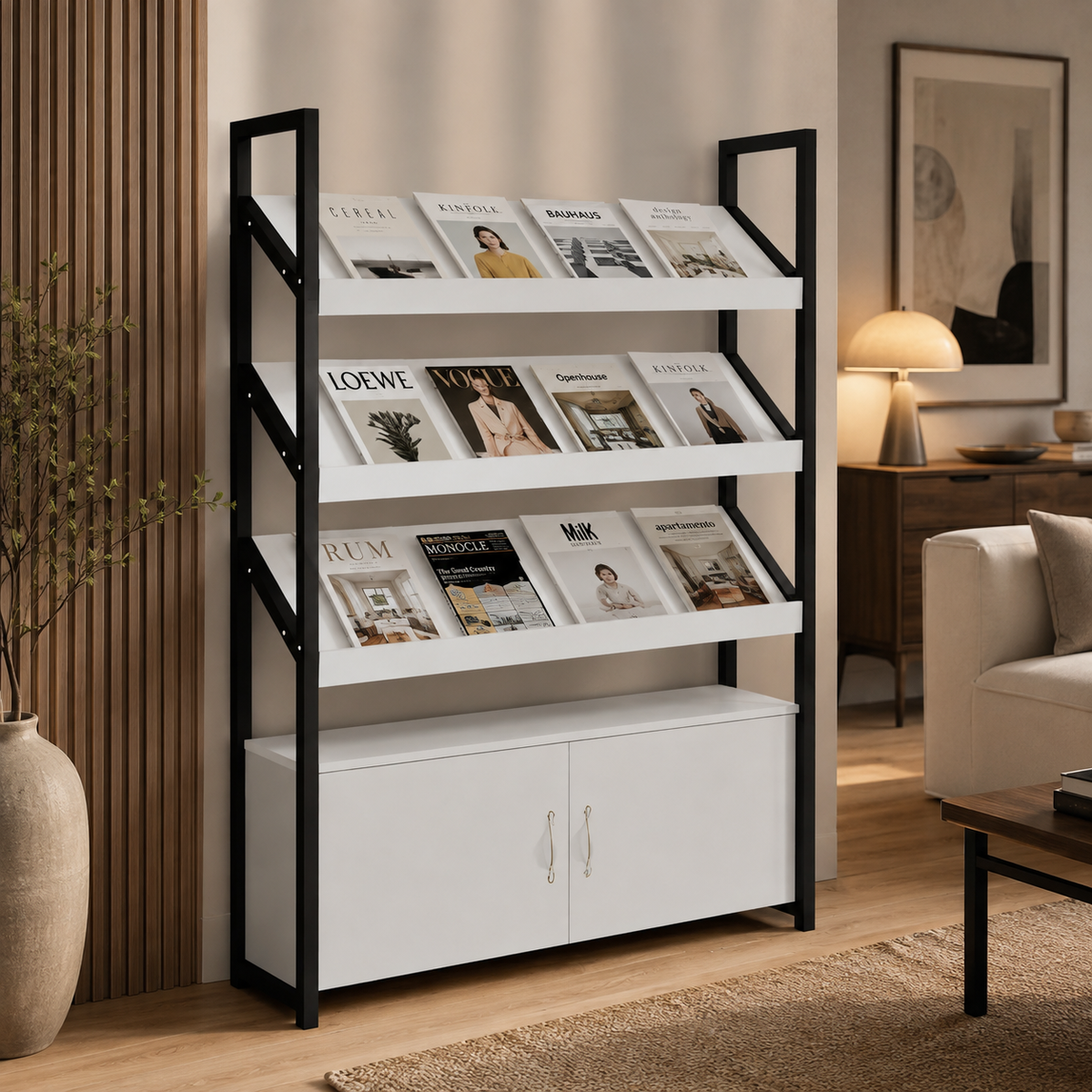 Freestanding Magazine Display Rack with Tiered Shelves