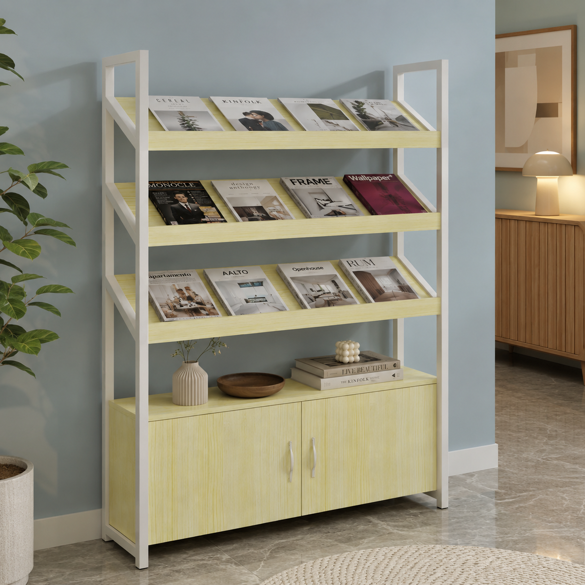 Freestanding Magazine Display Rack with Tiered Shelves
