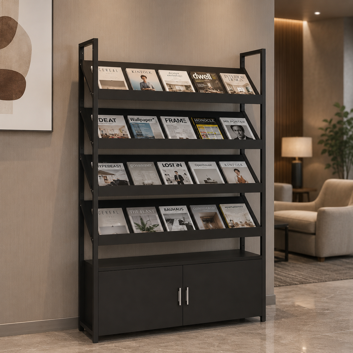 Freestanding Magazine Display Rack with Tiered Shelves