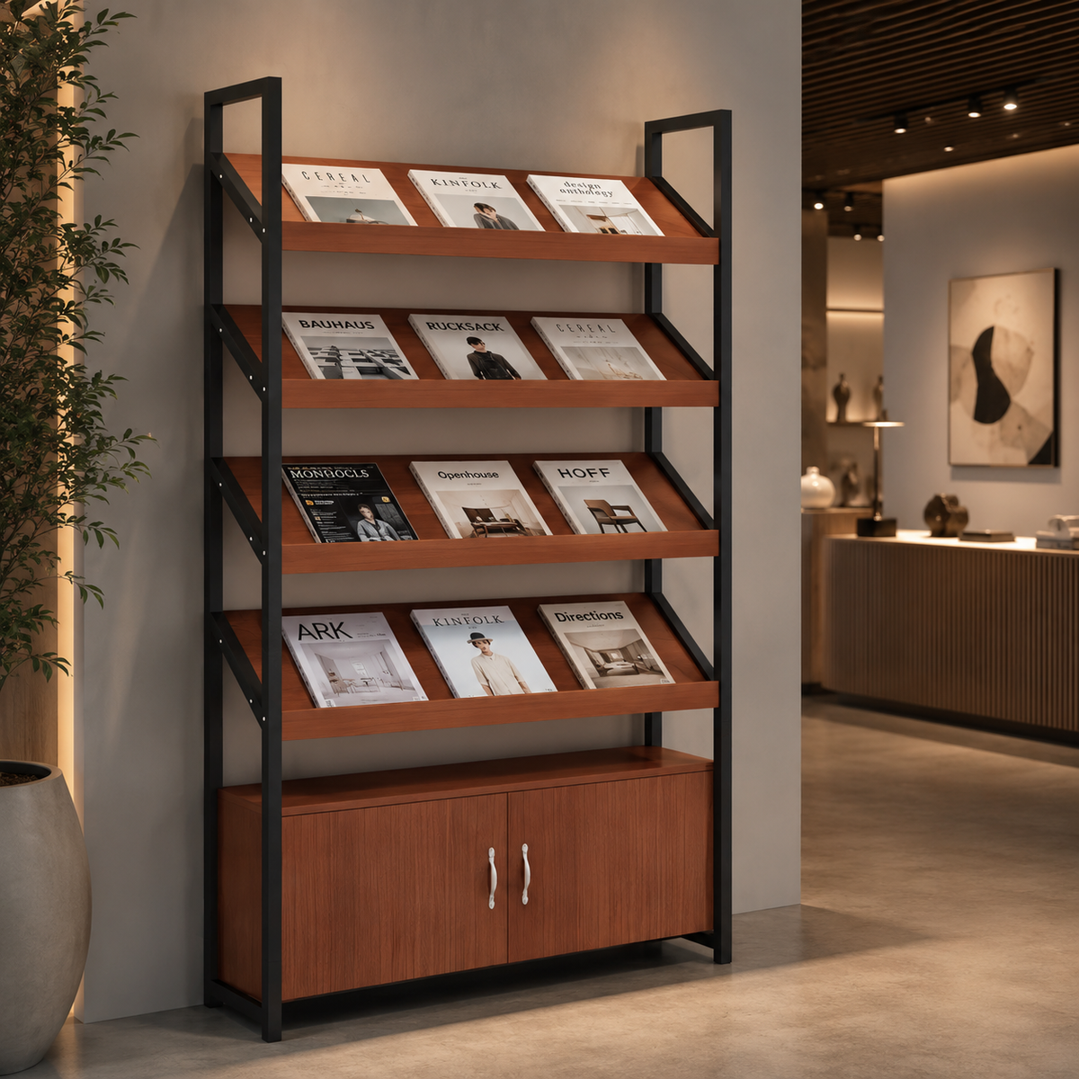 Freestanding Magazine Display Rack with Tiered Shelves