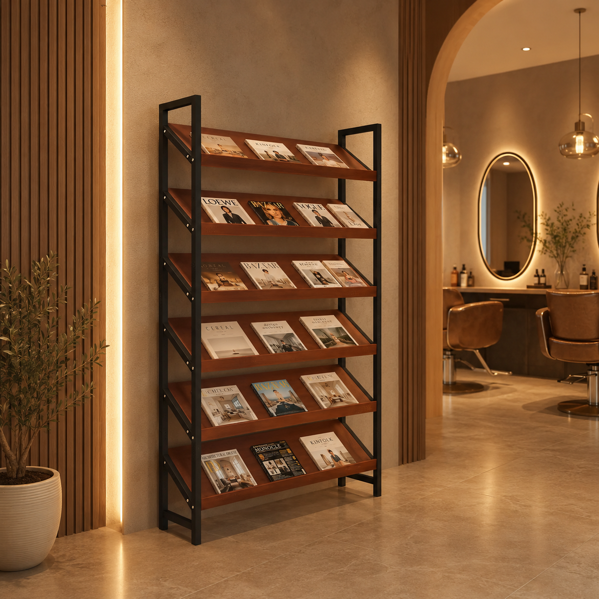 Freestanding Magazine Display Rack with Tiered Shelves