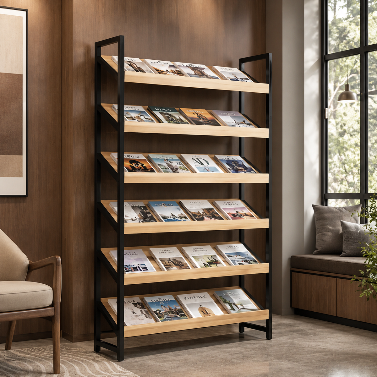 Freestanding Magazine Display Rack with Tiered Shelves
