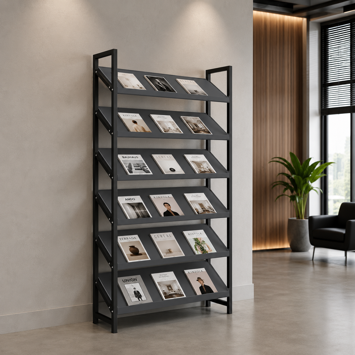 Freestanding Magazine Display Rack with Tiered Shelves